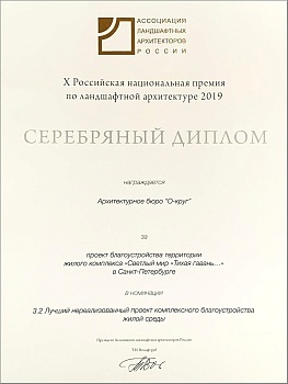 Серебряный диплом на X Российской национальной премии по ландшафтной архитектуре в номинации «Лучший нереализованный проект комплексного благоустройства жилой среды»